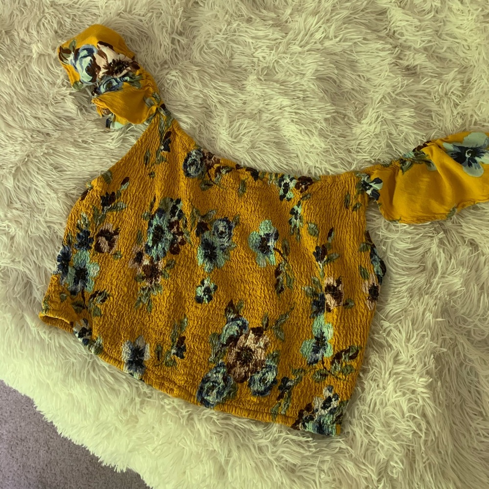 Yellow Floral Off the Shoulder Crop Top